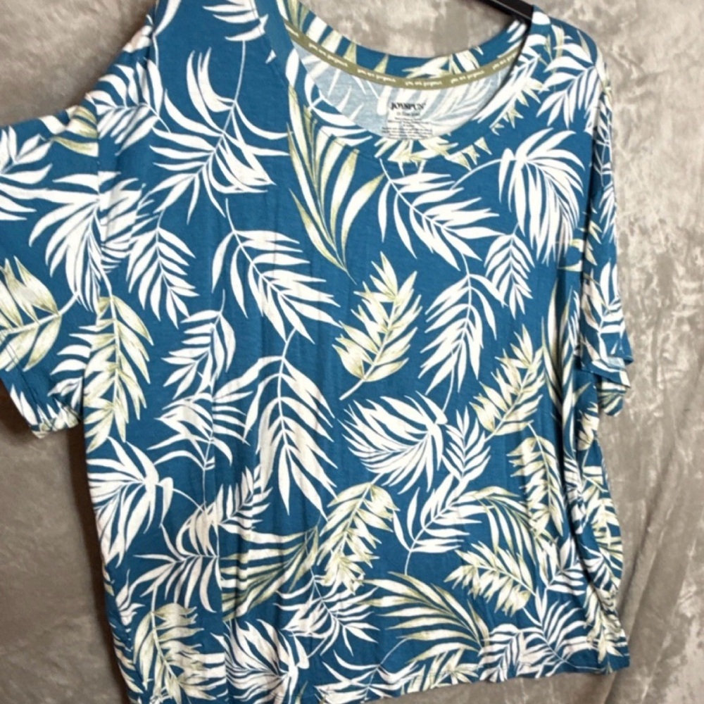 Joyspun 3X Blue Green Tropical Leaf Print Knit Short Sleeve T-Shirt Plus